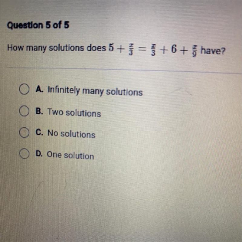 How many solutions does it have A infinitely solutions B two solutions c no solutions-example-1