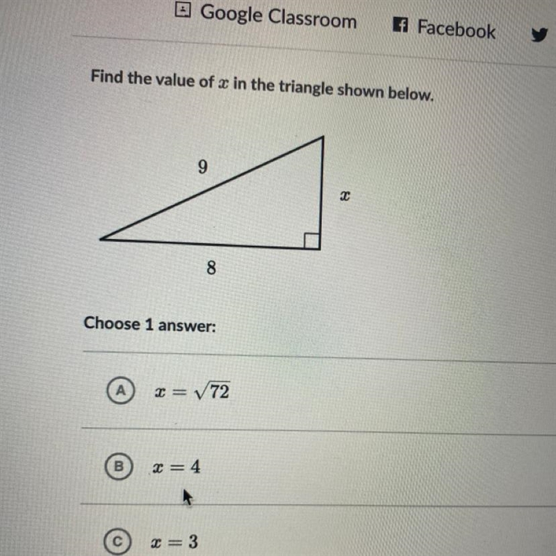 Find the value of c in the triangle shown below. 9 8 Choose 1 answer:-example-1