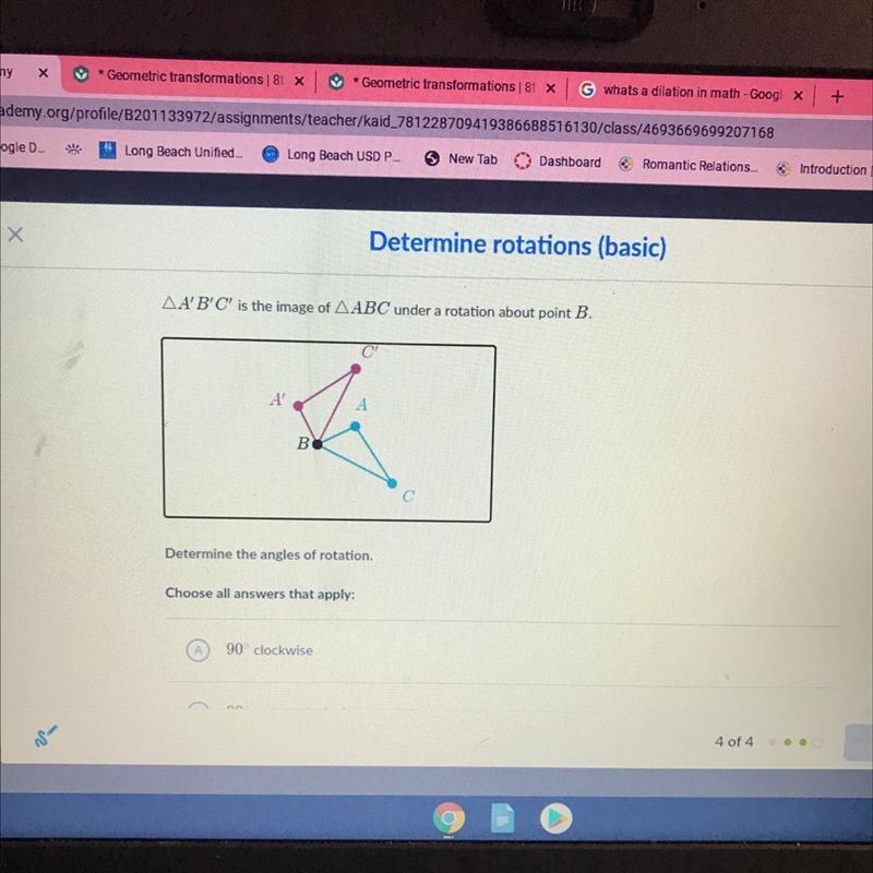 A'B'C' is the image of ABC under a rotation about point B. A.90 clockwise B.90 counterclockwise-example-1