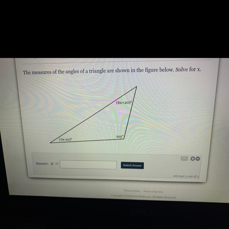 The measures of the angles of a triangle are shown in the figure below. Solve for-example-1