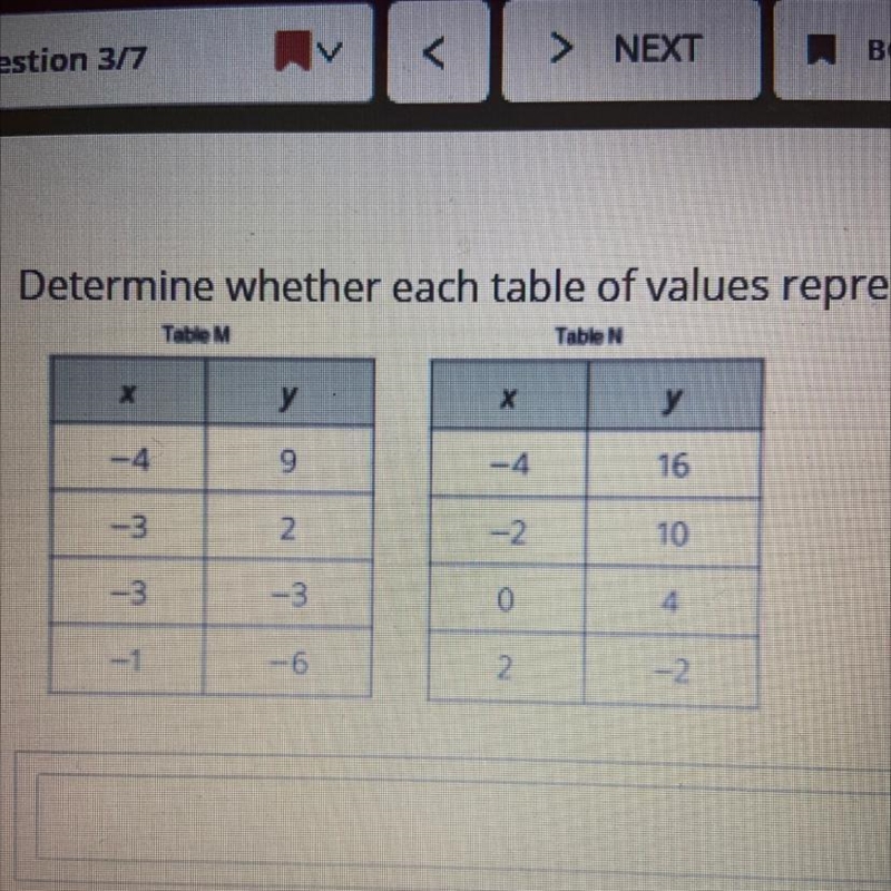 Determine whether each table of values represents a linear function. For those that-example-1