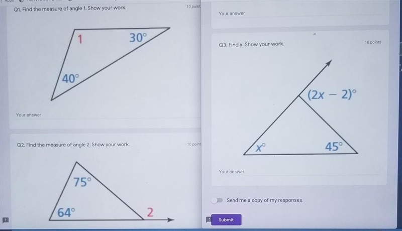 Q1. Find the measure of angle 1. Show your work. Q2. Find the measure of angle 2. Show-example-1