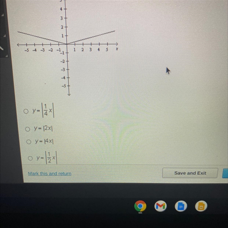 The graph of Y=|x| is transformed as shown in the graph below. Which equation represents-example-1