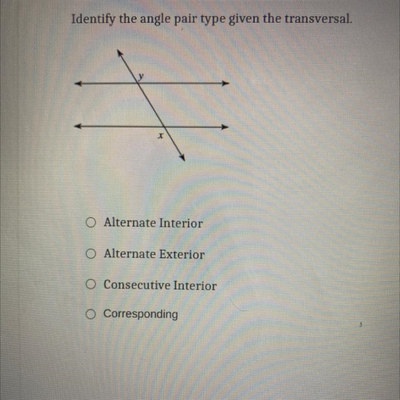 Identify the angle pair given the transversal-example-1