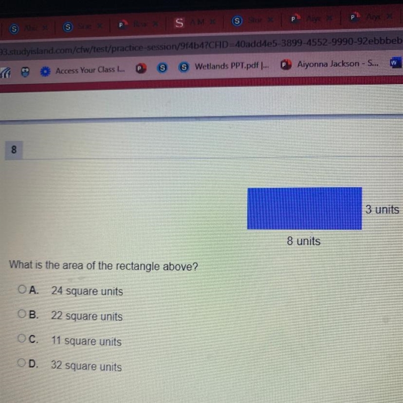 What is the area of the rectangle above? A. 24 square units B. 22 square units C. 11 square-example-1