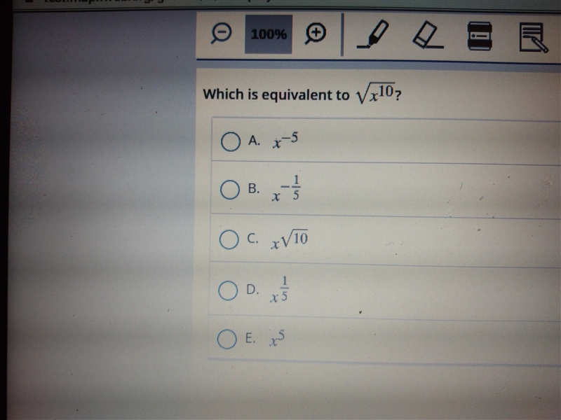 What which is equivalent to√x10?-example-1