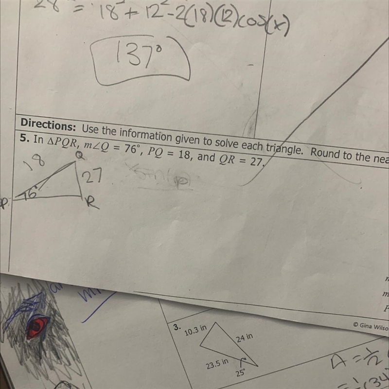 In PQR, Q= 76, PQ = 18, and QR = 27 Please find angle P, T and PR for 5-example-1