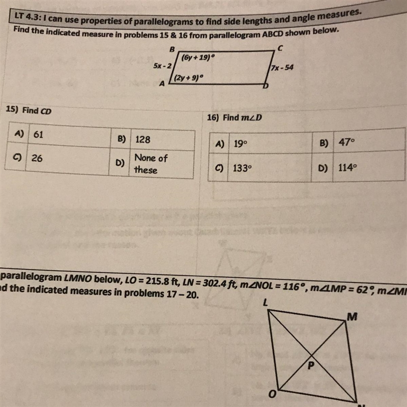 Find the indicated measures in problems 15&16 from parallelogram ABCD shown below-example-1