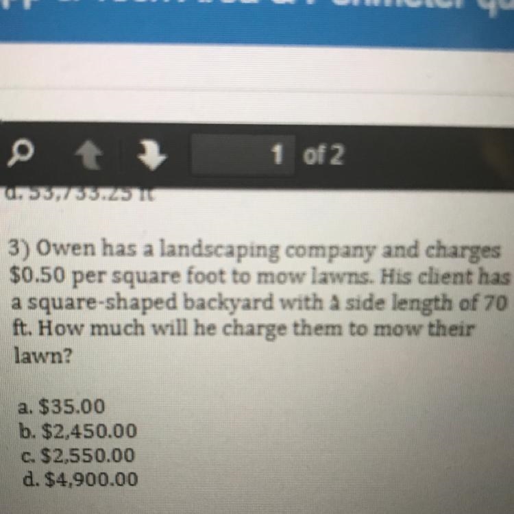 3) Owen has a landscaping company and charges $0.50 per square foot to mow lawns. His-example-1