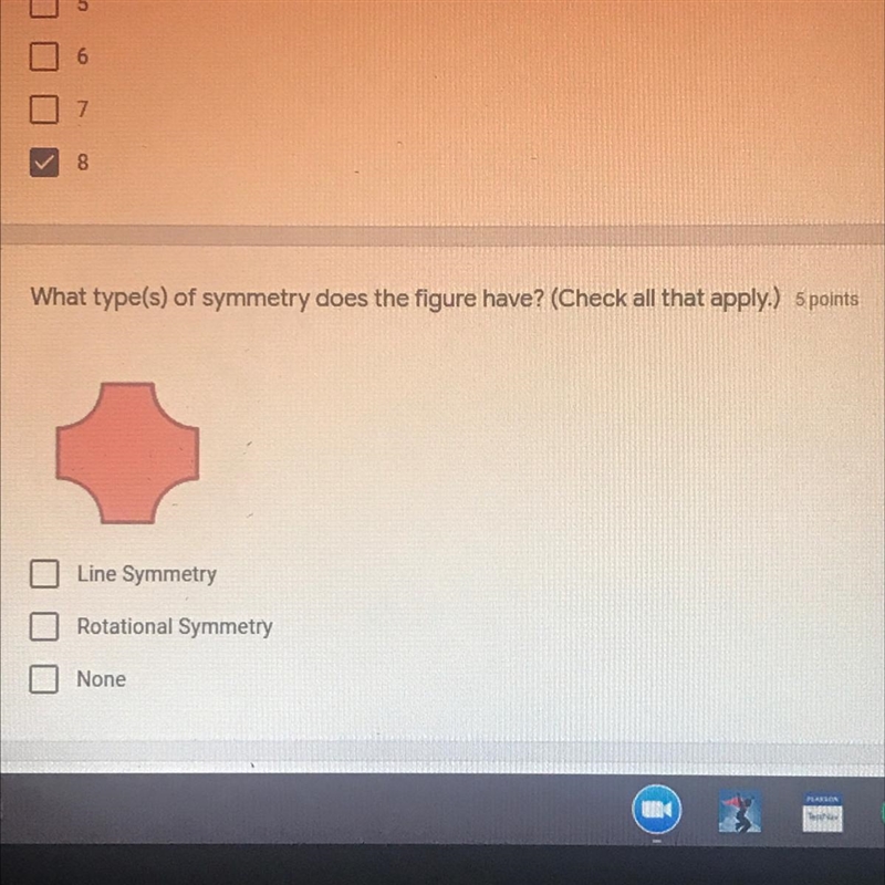 What type(s) of symmetry does the figure have? (Check all that apply.) Line Symmetry-example-1