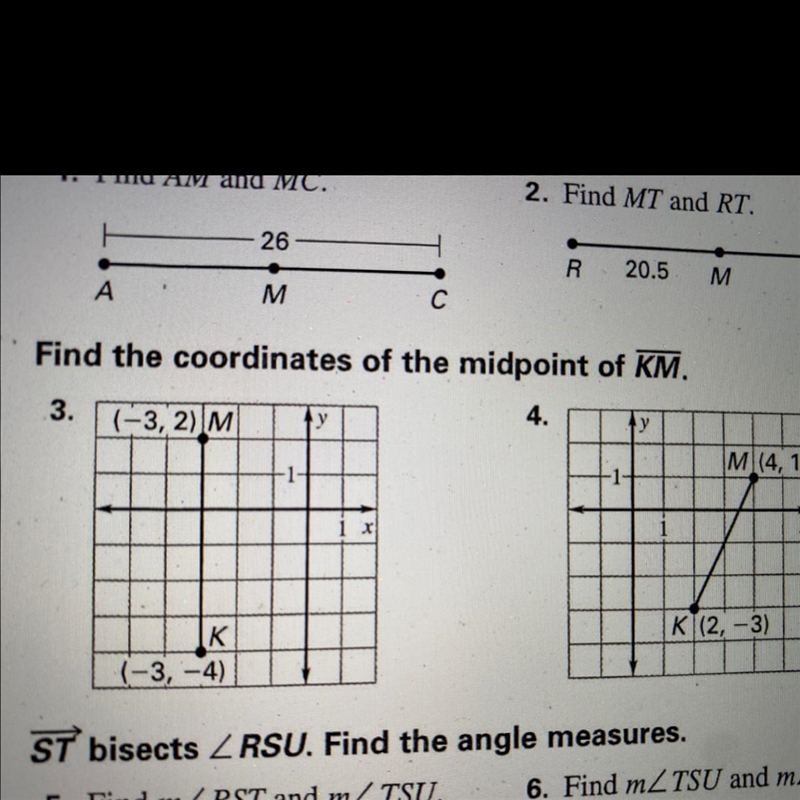 Find the coordinates of the midpoint of KM. 3. у 4. (-3,2) M у M (4,1) K|(2, -3) K-example-1