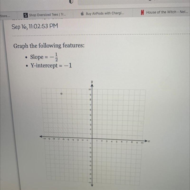 • Slope = -1/2 • Y-intercept= -1 graph it plsss help very quick-example-1