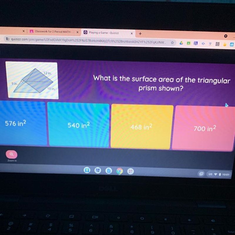 12 in 9 in What is the surface area of the triangular prism shown? 10 in 576 in2 540 in-example-1