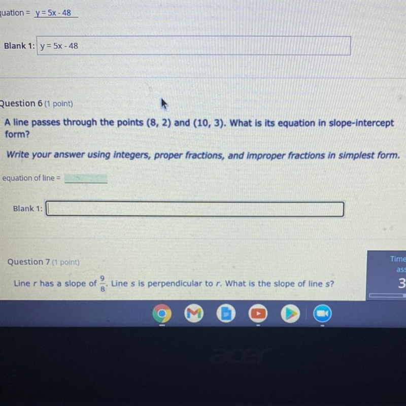 A line passes through the points(8,2) and (10,3) What is its equation in slope intercept-example-1