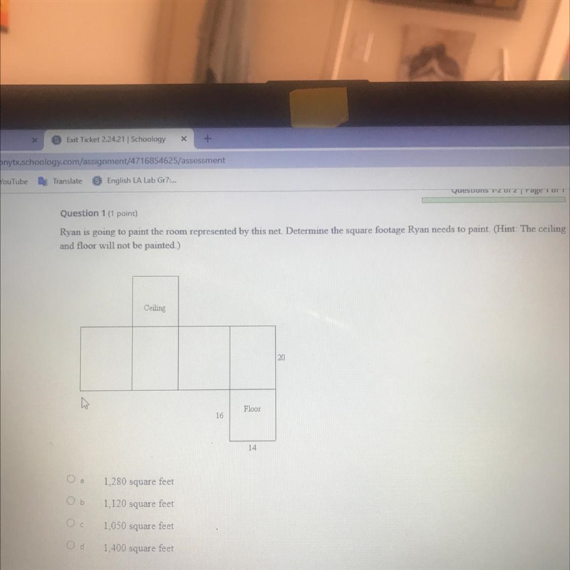 Question 1 (1 point) Ryan is going to paint the room represented by this net. Determine-example-1