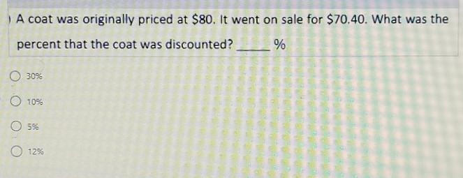 A coat was originally priced at $80. It went on sale for $70.40. What was the percent-example-1