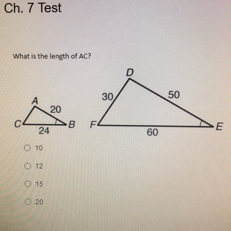 What is the length of AC? • 10 • 12 • 15 • 20-example-1