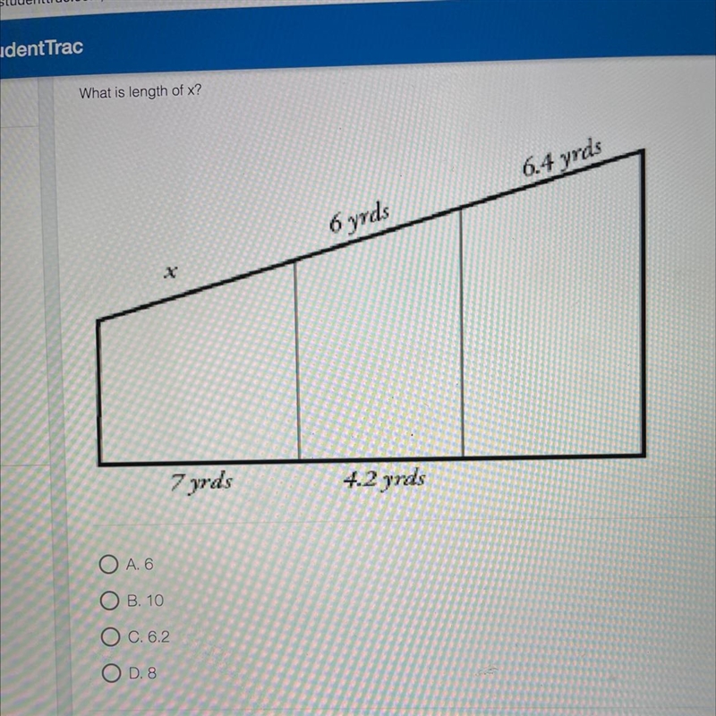 Length of x A.6 B.10 C.6.2 D.8-example-1