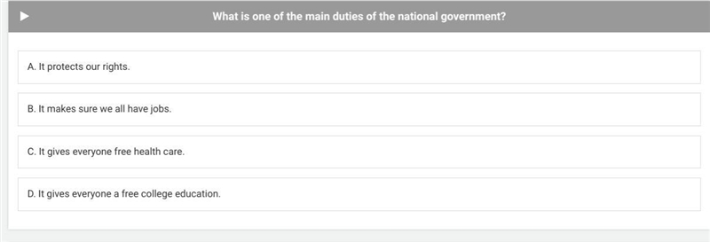 Plzzzzz helpppppp What is one of the main duties of the national government?-example-1