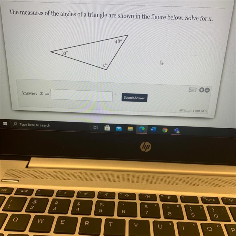 The measures of the angles of a triangle are shown in the figure below. Solve for-example-1