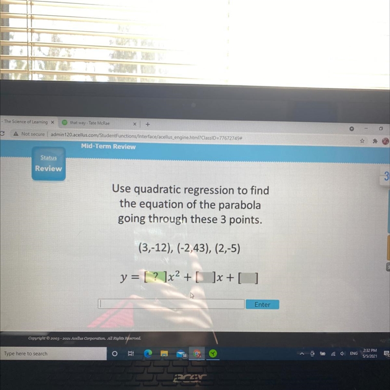 Use quadratic regression to find the equation of the parabola going through these-example-1