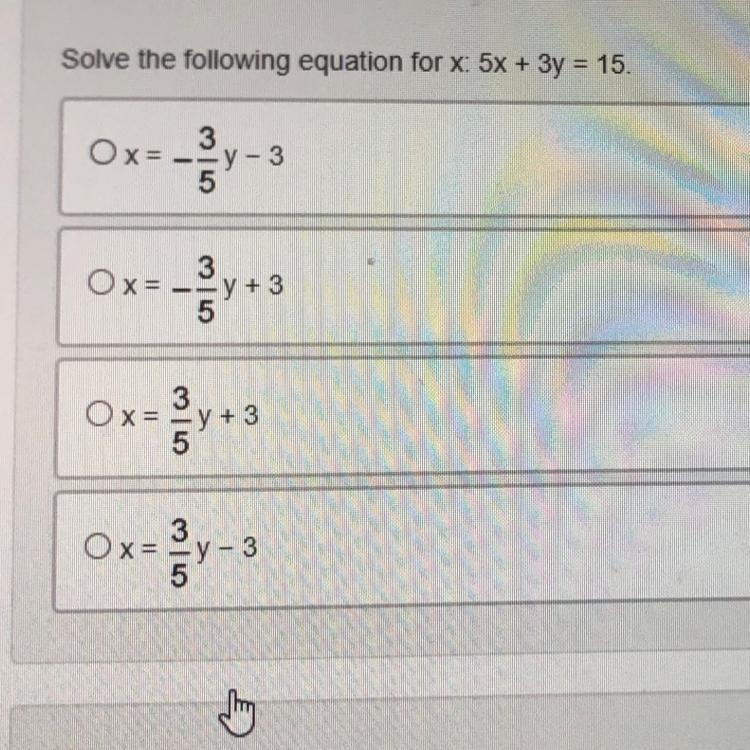 Solve the following equation for x: 5x + 3y = 15. (9th-grade Algebra 1)-example-1