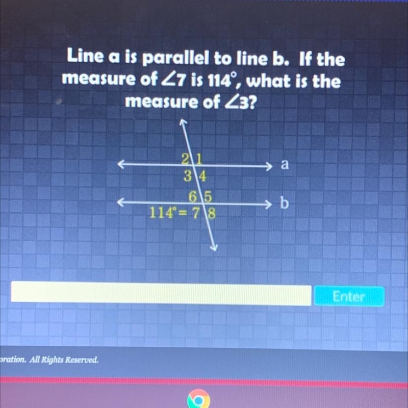 Line a is parallel to line b. If the measure of <7 is 114 , what is the measure-example-1