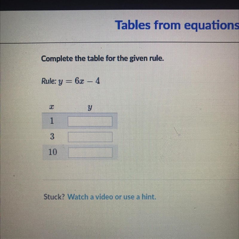 Complete the table for the given rule. Rule: y = 6x-4 Please help-example-1