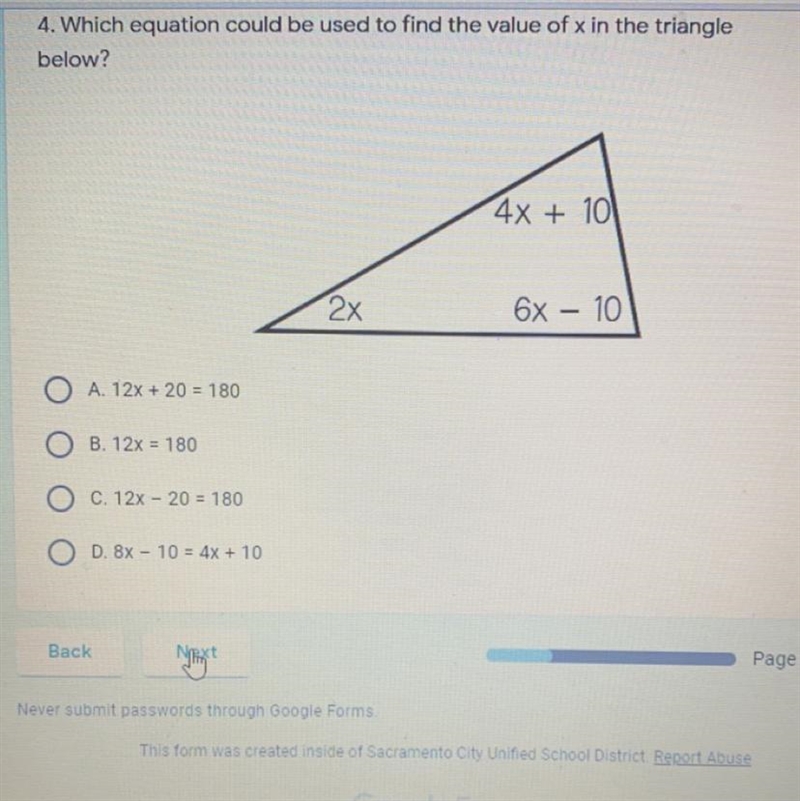 Which equation could be used to find the value of x in the triangle below ?-example-1