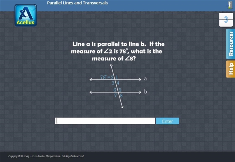 line a is parallel to line b. if the measure of angle 2 is 78 degrees, what is the-example-1