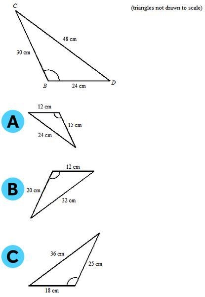 Which triangle is similar to △BCD? Please help me is it A, B, or C please help me-example-1