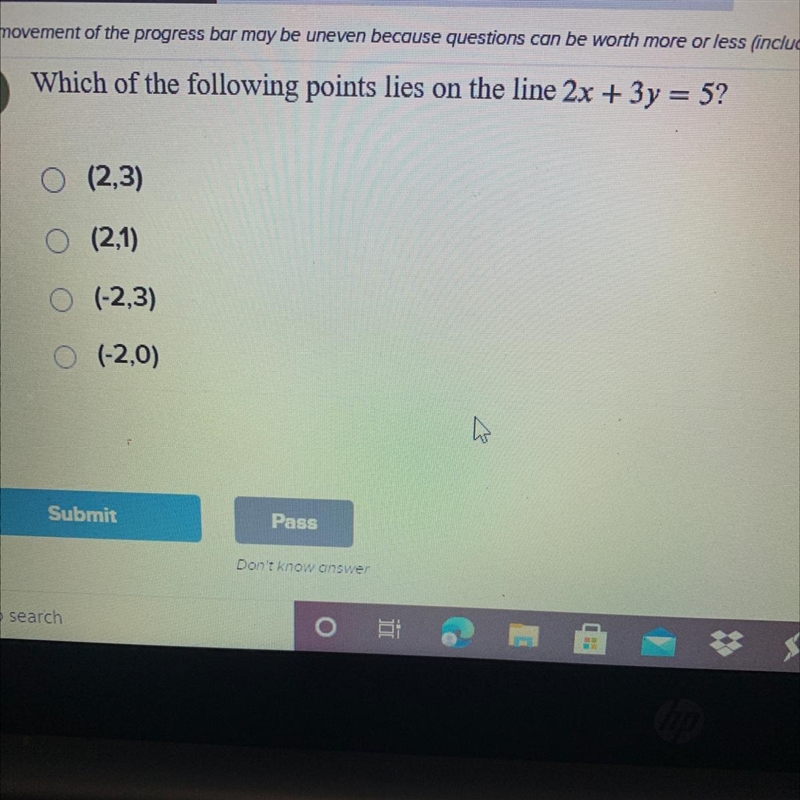 Which of the following points lies on the line 2x+3y=5?-example-1