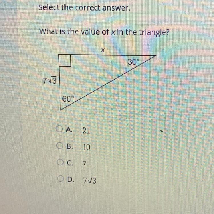 What is the value of x in the triangle? х 30 7V3 60°-example-1