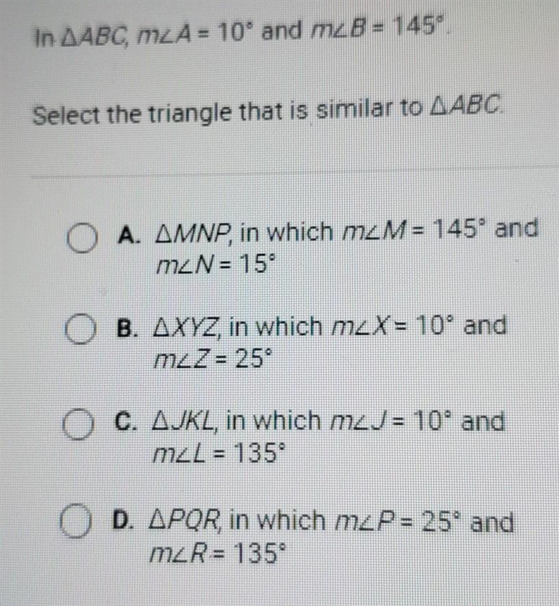 HELP PLEASE. In.AA80 m24 = 10° and m28- 145°. Select the triangle that is similar-example-1