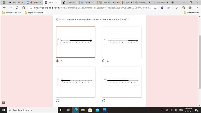 7) Which number line shows the solution to inequality –4k + 5 > 21 ?-example-1