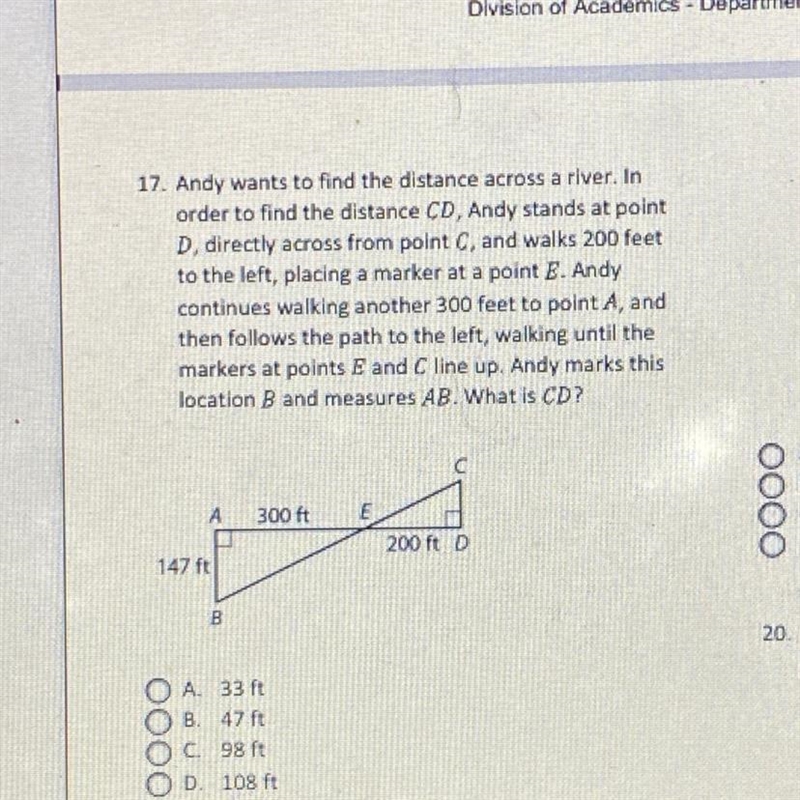 Andy wants to find the distance across a river. In order to find the distance CD, Andy-example-1