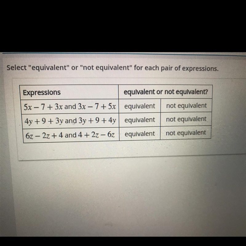 Select "equivalent" or "not equivalent" for each pair of expressions-example-1