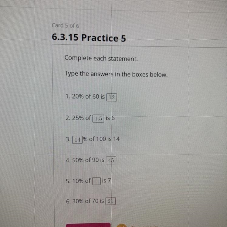 Okay so I’m stuck on 5. It says “ 10% of __ is 7” what’s the __ answer?-example-1