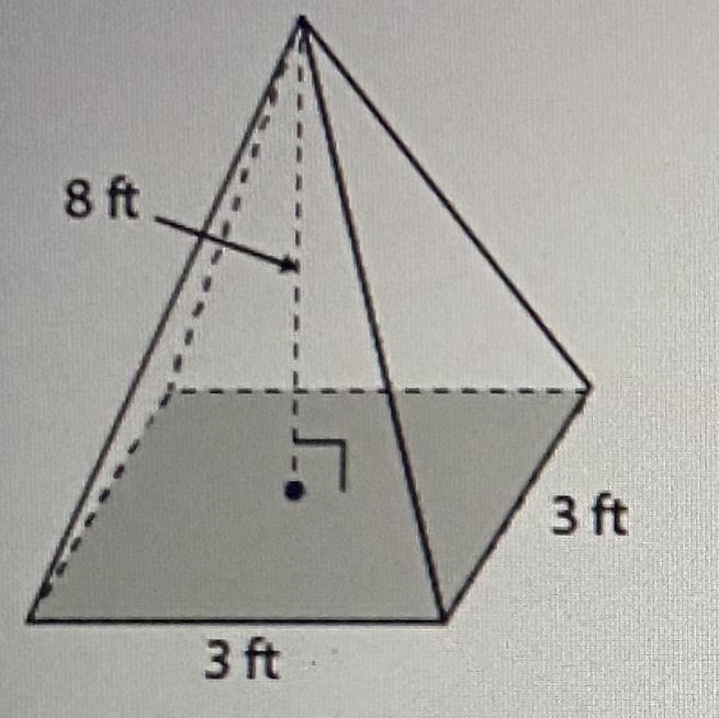 What is the volume of a square pyramid that is 8 feet tall with base edges of 3 feet-example-1