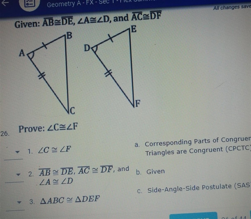 Given AB= DE <A=<D and AC= DF​-example-1