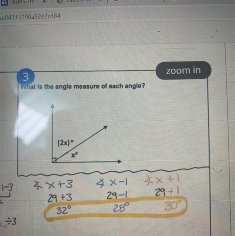 What is the angle measure of each angle (2x) degrees and x degrees-example-1