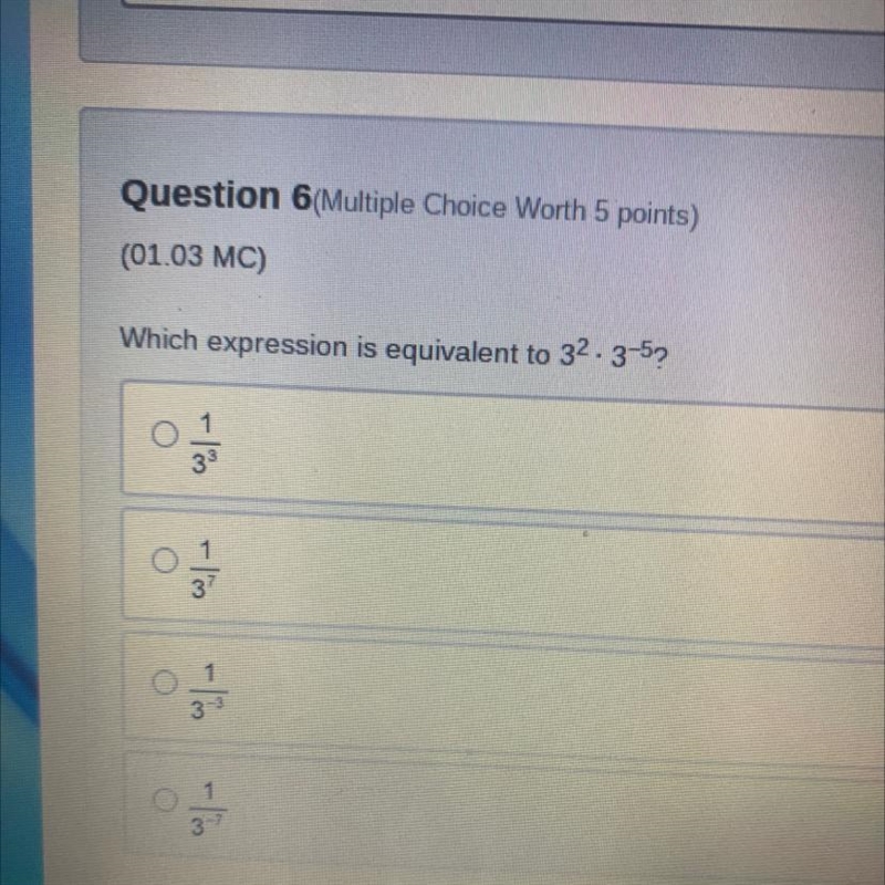 Which expression is equivalent to 3 2 times 3-5 ?-example-1