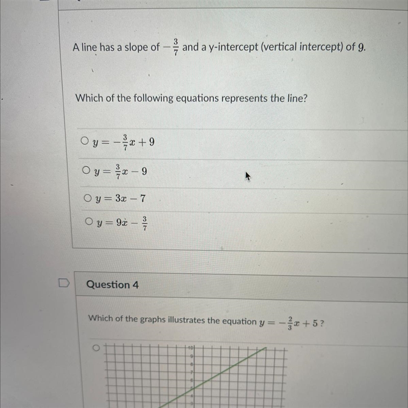 A line has a slope of - and a y-intercept (vertical intercept) of 9.-example-1