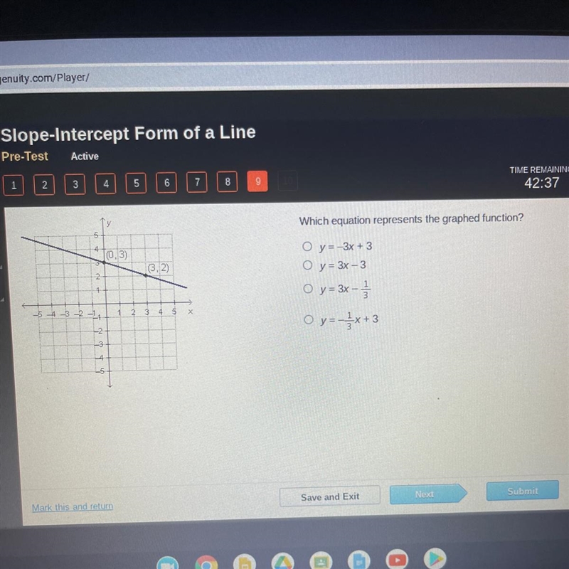 Which equation represents the graphed function? . 10.30 O y=-3+3 O y=3x-3 O y = 3x-example-1