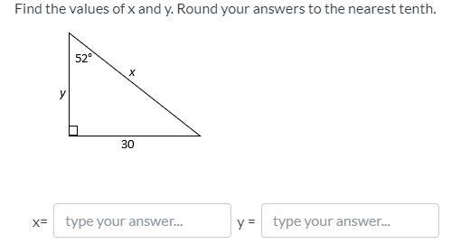 (Trigonometry) Find the values of x and y. Round your answers to the nearest tenth-example-1