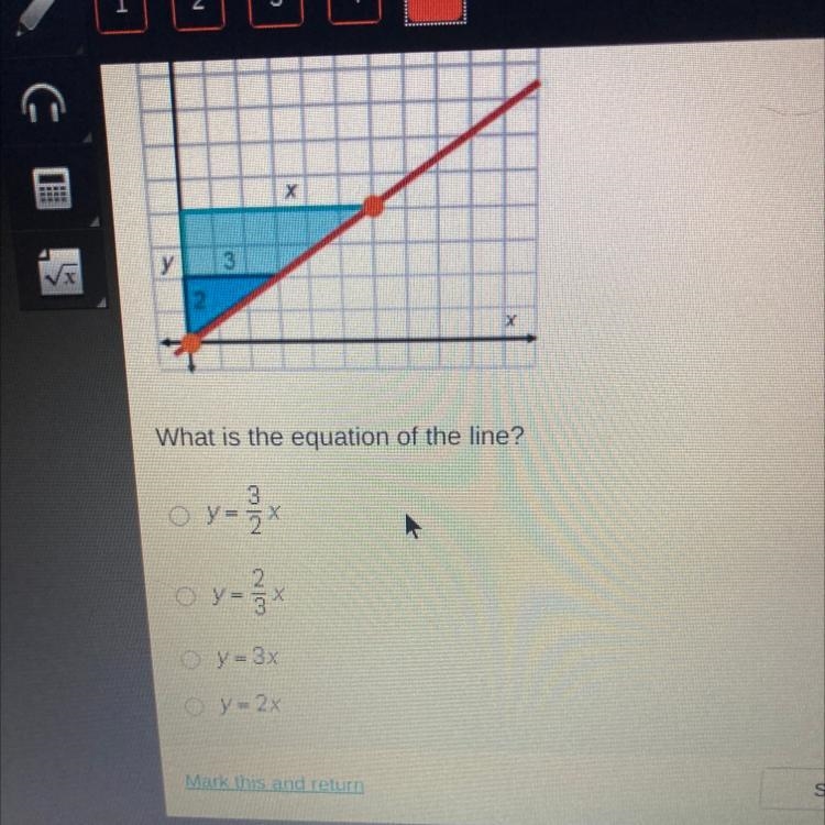 The graph shows a line and two similar triangles. What is the equation of the line-example-1