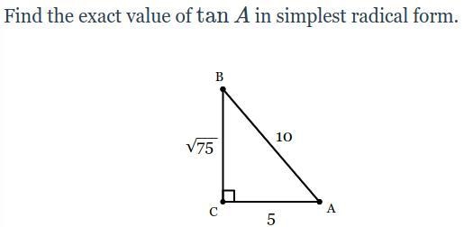 Find the exact value of tan A in simplest radical form.-example-1