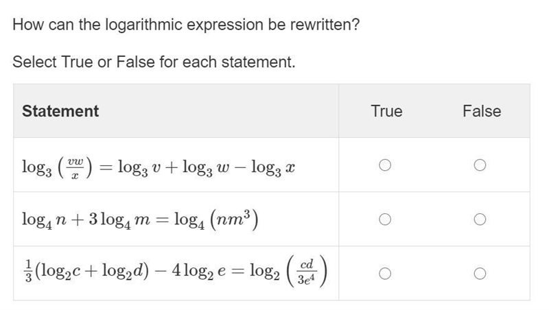 100 points How can the logarithmic expression be rewritten? Select True or False for-example-1