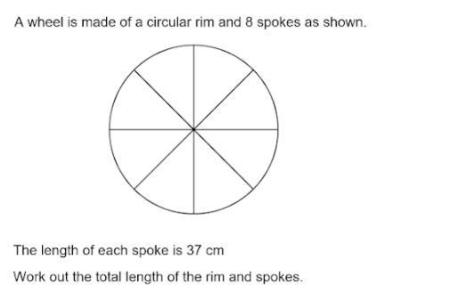 A wheel is made of a circular rim and 8 spokes as shown. The length of each spoke-example-1