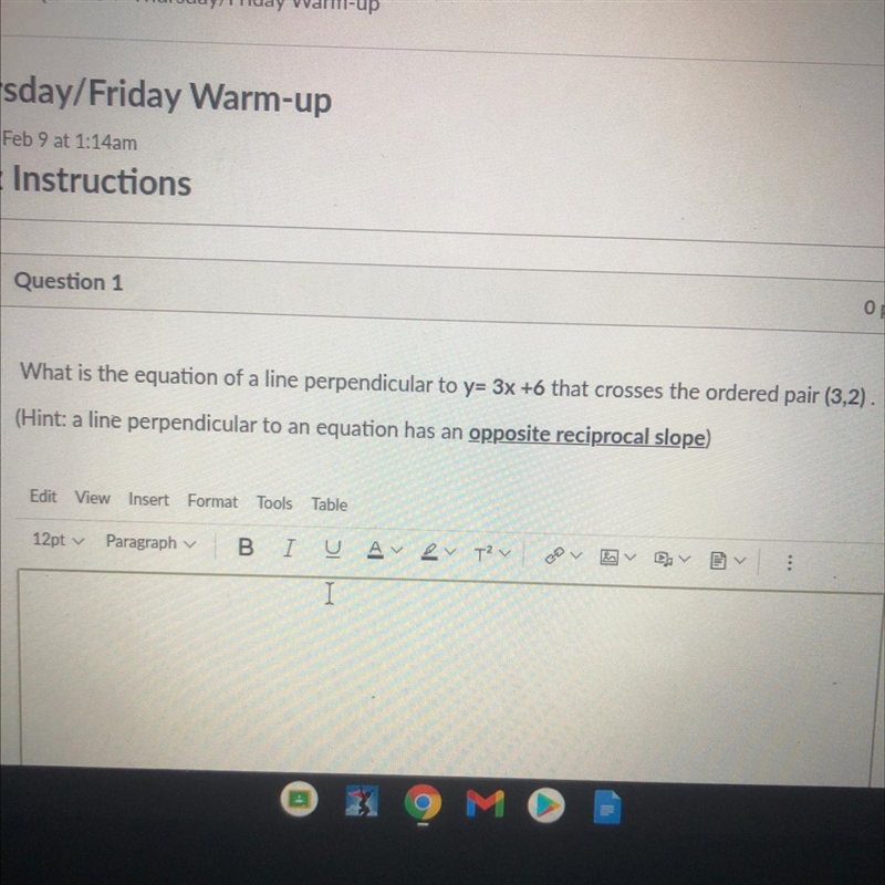 What is the equation of a line perpendicular to y= 3x +6 that crosses the ordered-example-1